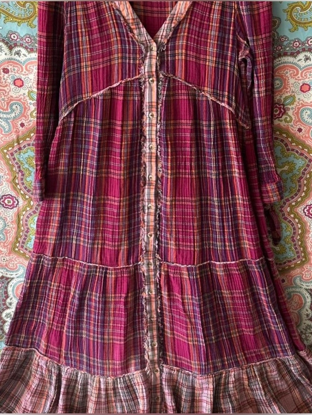 Anthropologie Tiered Plaid Maxi Dress Boho Multi Cotton Gauze Button  Pink - XS